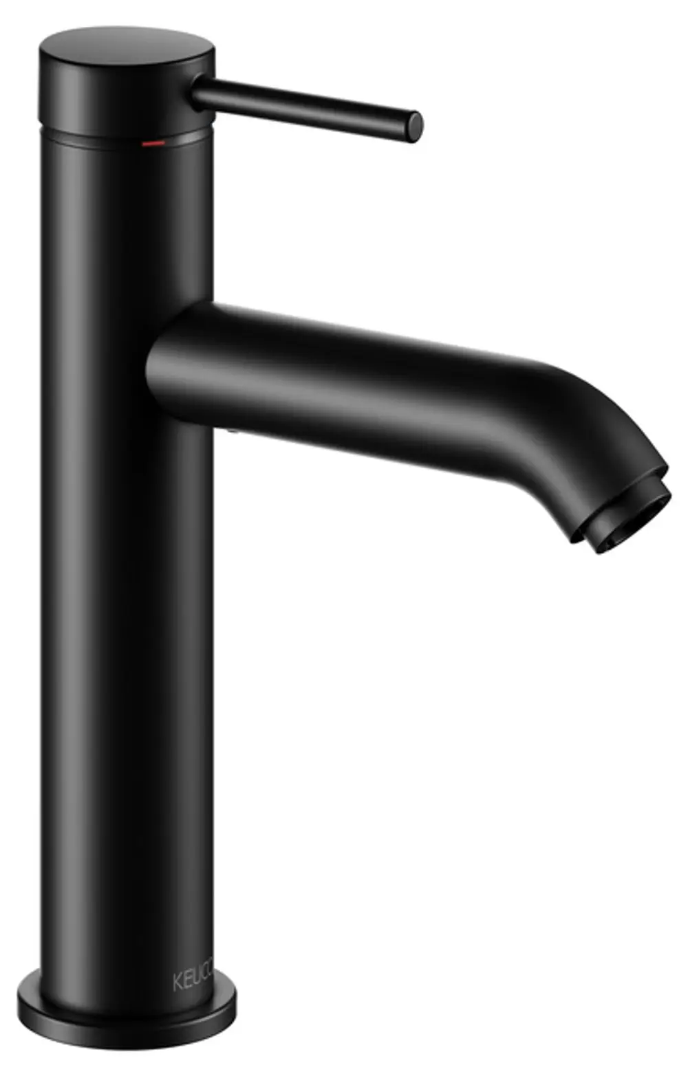 Schwarzer Waschtischarmatur von Keuco mit seitlichem Hebel zur Steuerung des Wasserflusses. Funktioneller Auslauf in moderner Formgebung.
